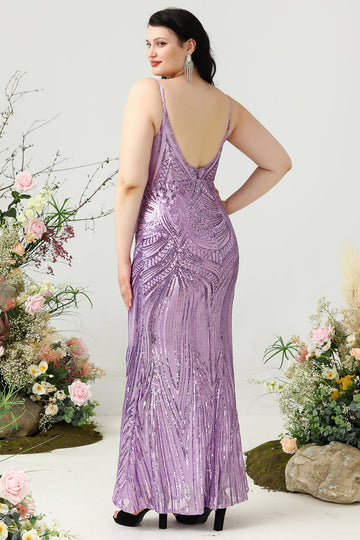 Ljuslila Paljetter Mantel Spaghetti Remmar Plus Size Balklänning